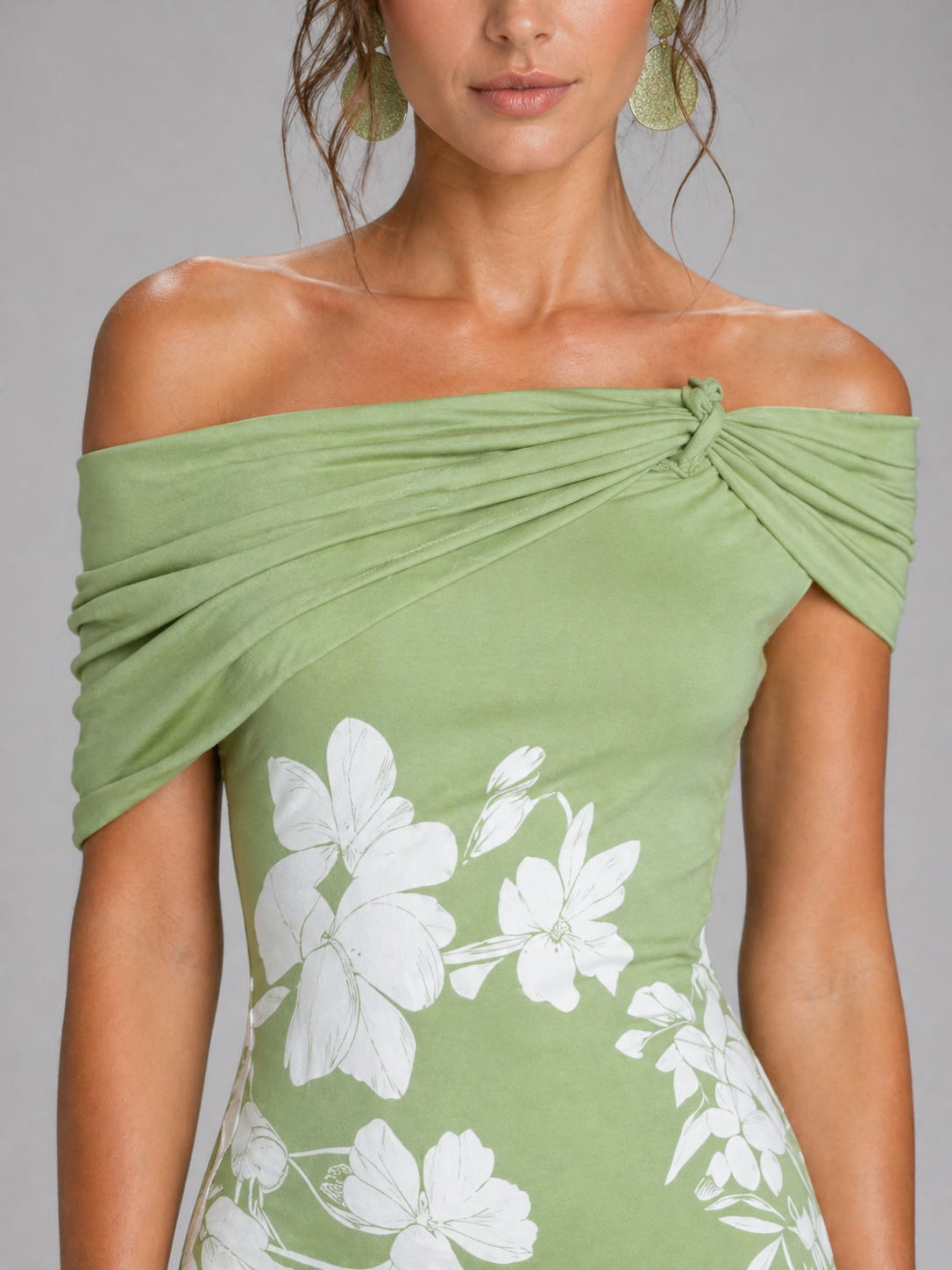 Off-Shoulder Floral Midi Dress - Draped Women's Dress