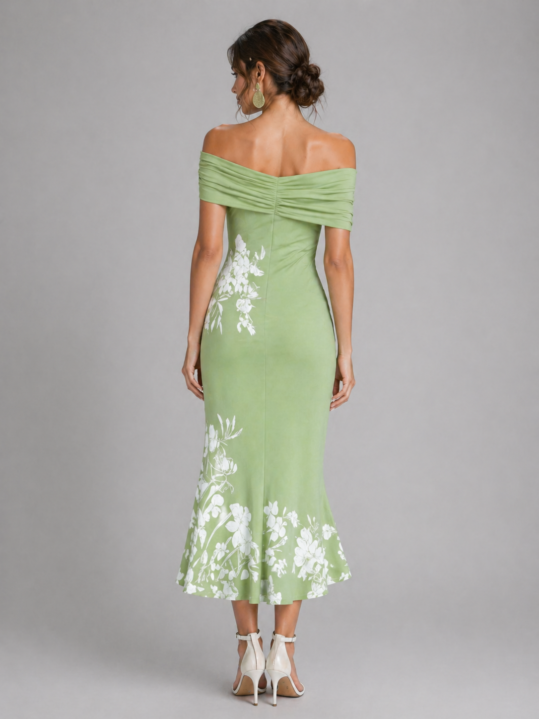 Off-Shoulder Floral Midi Dress - Draped Women's Dress