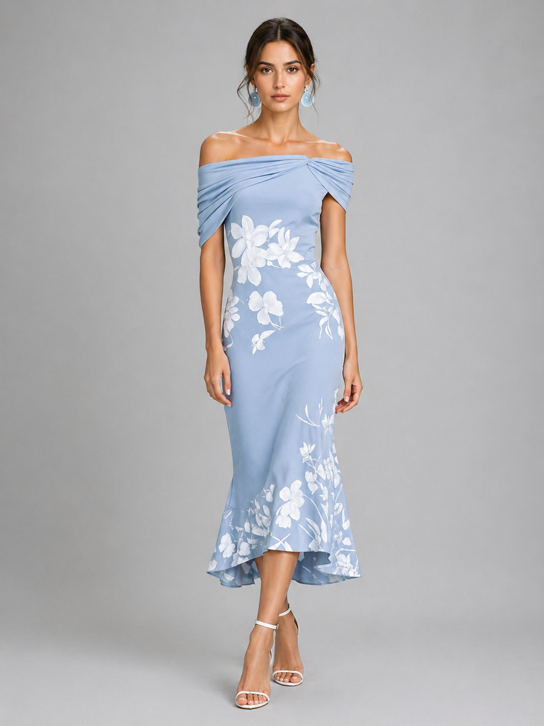 Off-Shoulder Floral Midi Dress - Draped Women's Dress