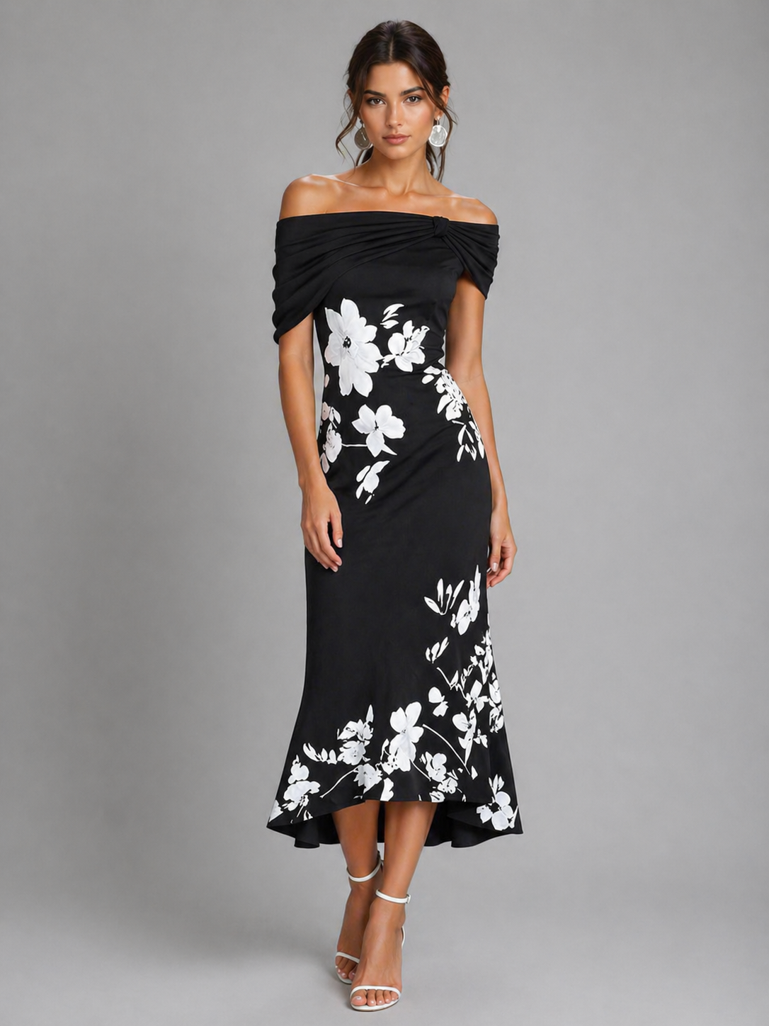 Off-Shoulder Floral Midi Dress - Draped Women's Dress