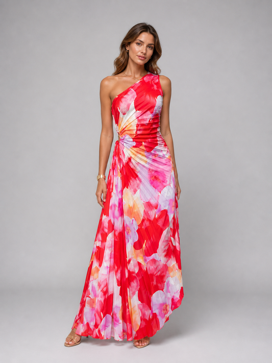 One-Shoulder Pleated Maxi Dress - Floral Women's Dress