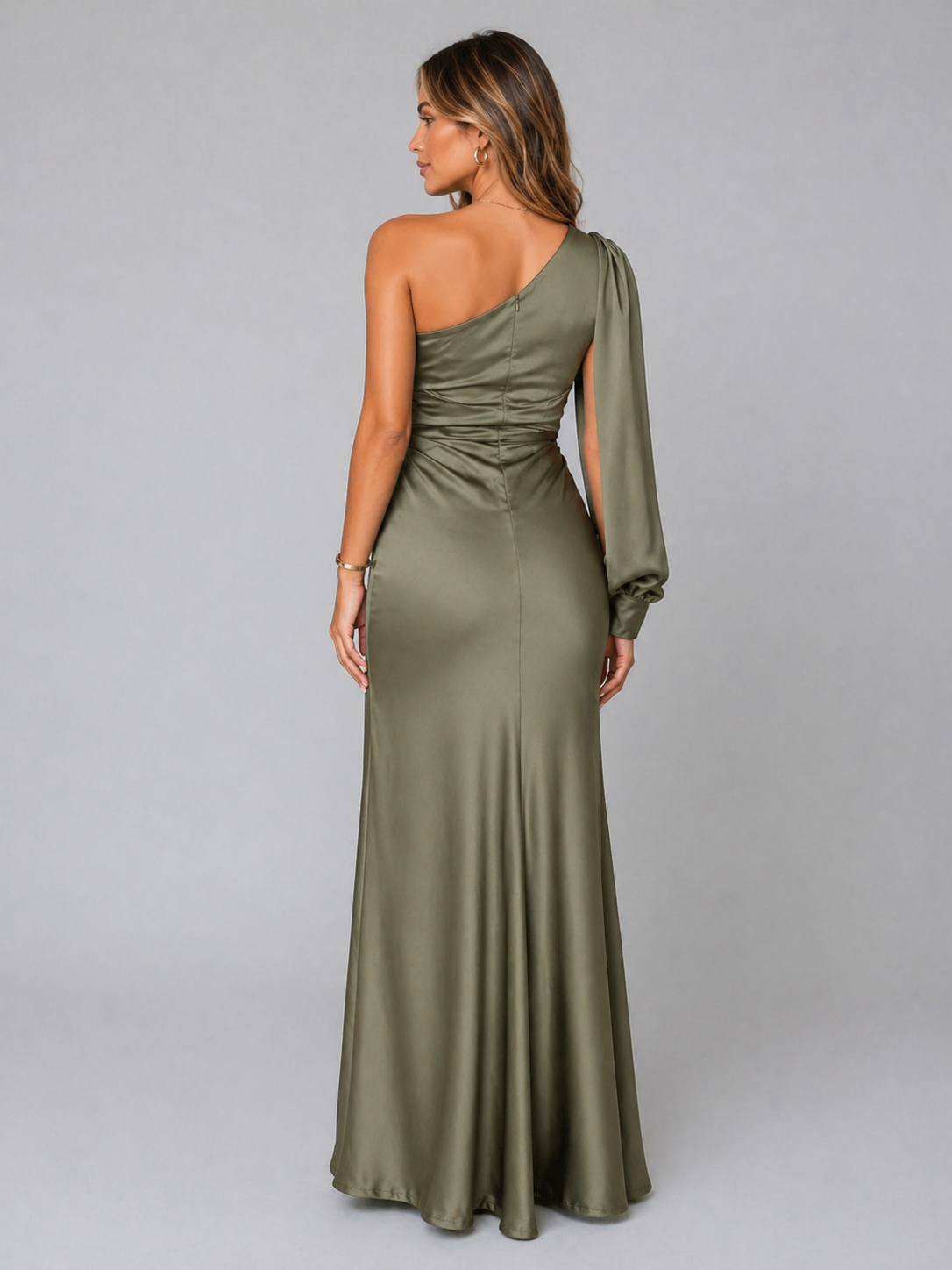 One-Shoulder Satin Feel Maxi Dress - Women's Draped Dress