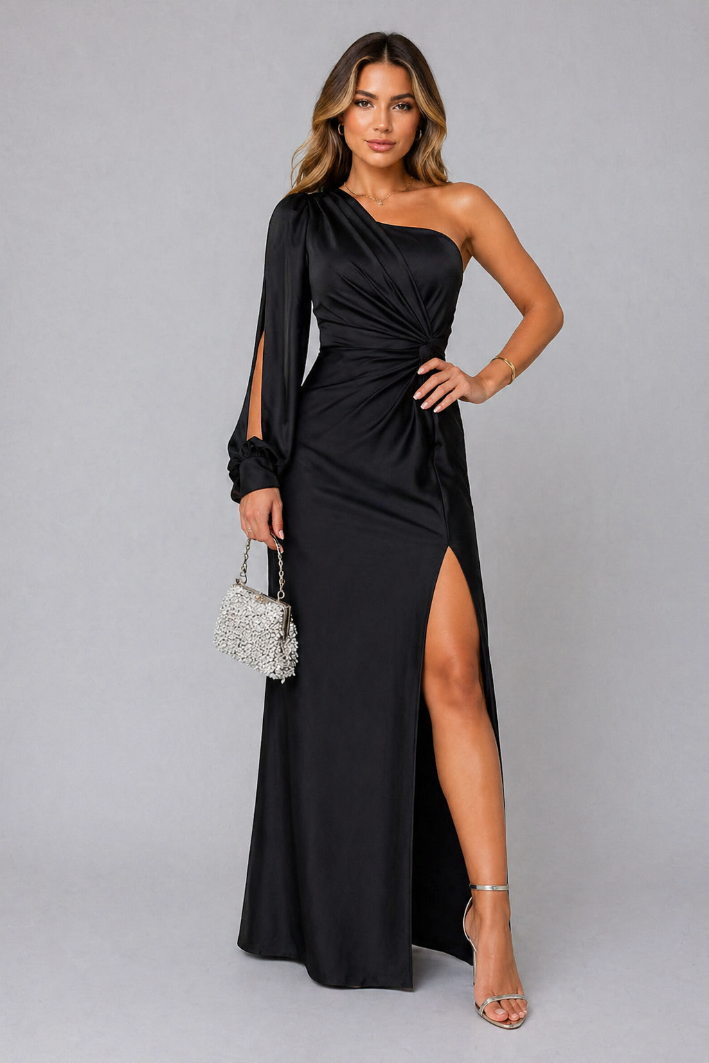 One-Shoulder Satin Feel Maxi Dress - Women's Draped Dress