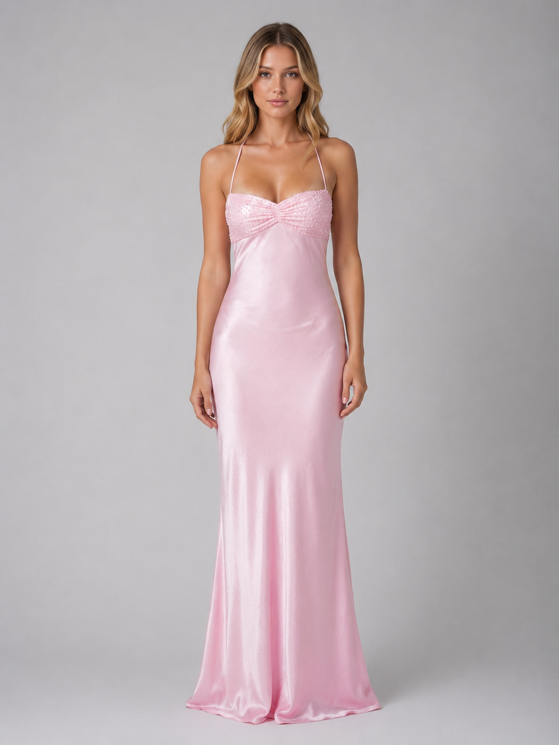 Pearl Beaded Satin Maxi Dress - Women's Halter Gown