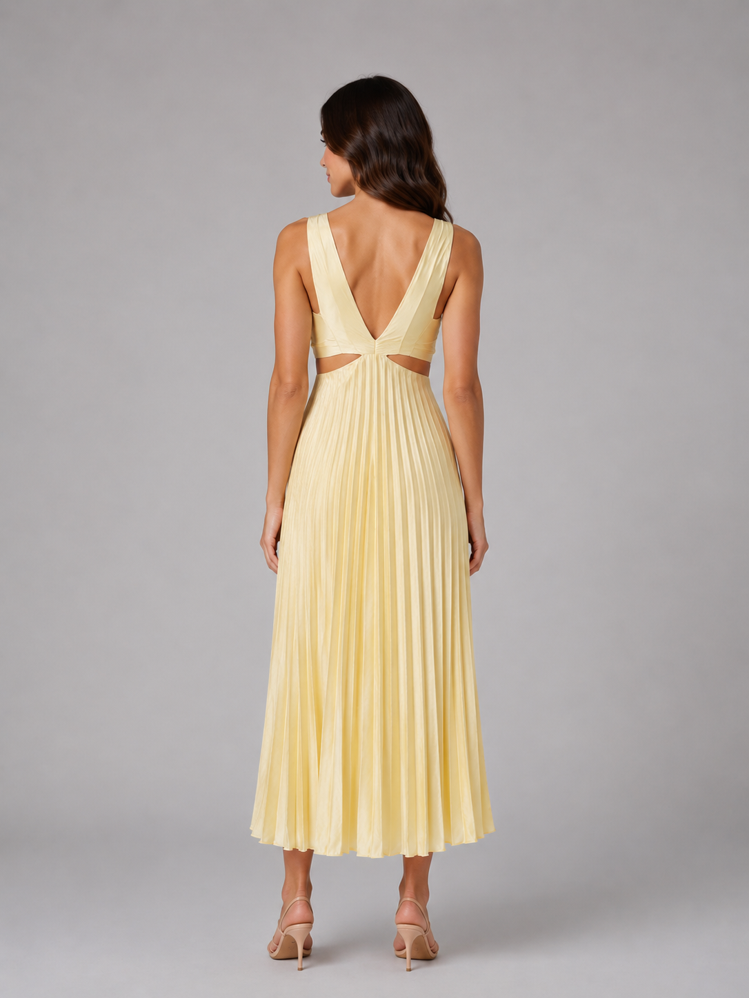Pleated Cut-Out Midi Dress - Women's V-Neck Dress