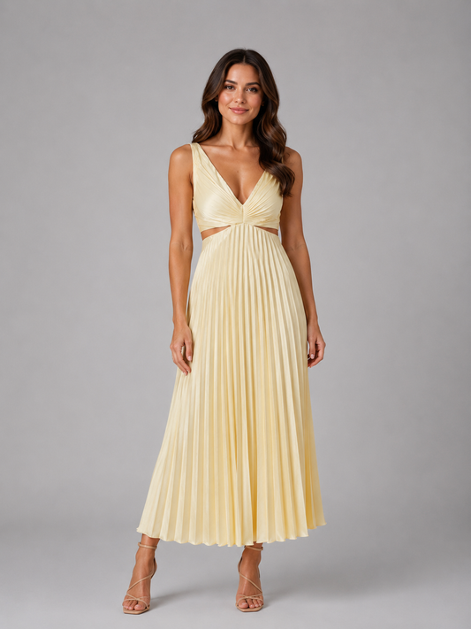 Pleated Cut-Out Midi Dress - Women's V-Neck Dress