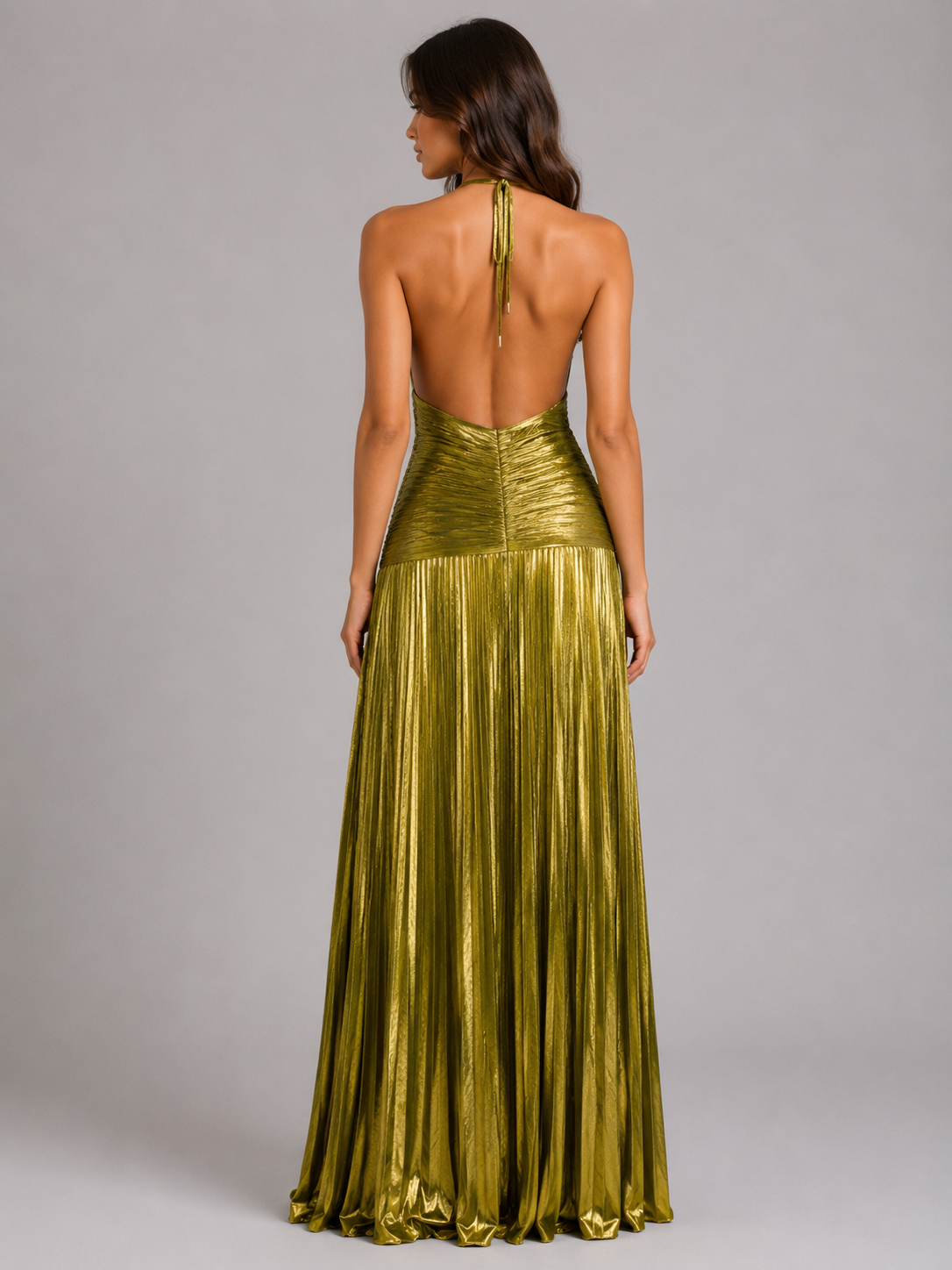 Pleated Halter Maxi Dress - Women's High Split Dress