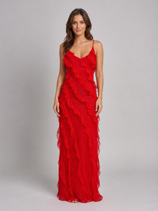 Ruffle Maxi Dress - Women's Strappy Long Dress