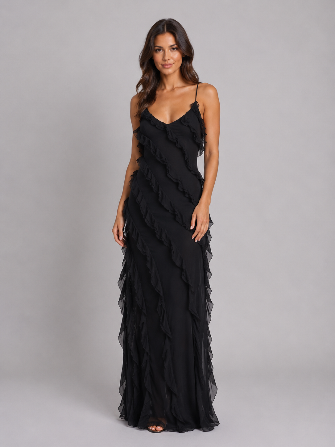 Ruffle Maxi Dress - Women's Strappy Long Dress