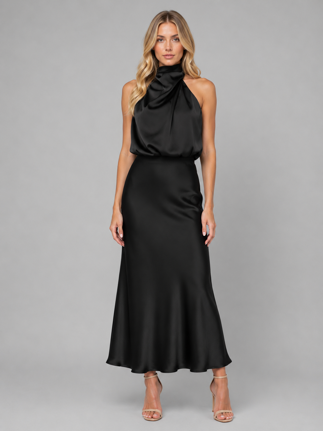 Satin Feel High Neck Midi Dress - Women's Wedding Guest