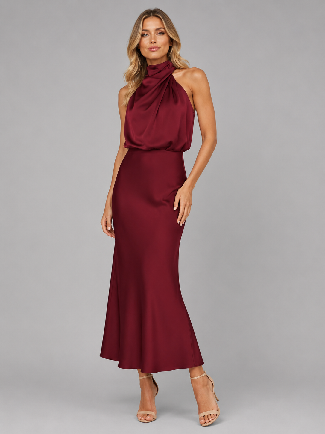 Satin Feel High Neck Midi Dress - Women's Wedding Guest
