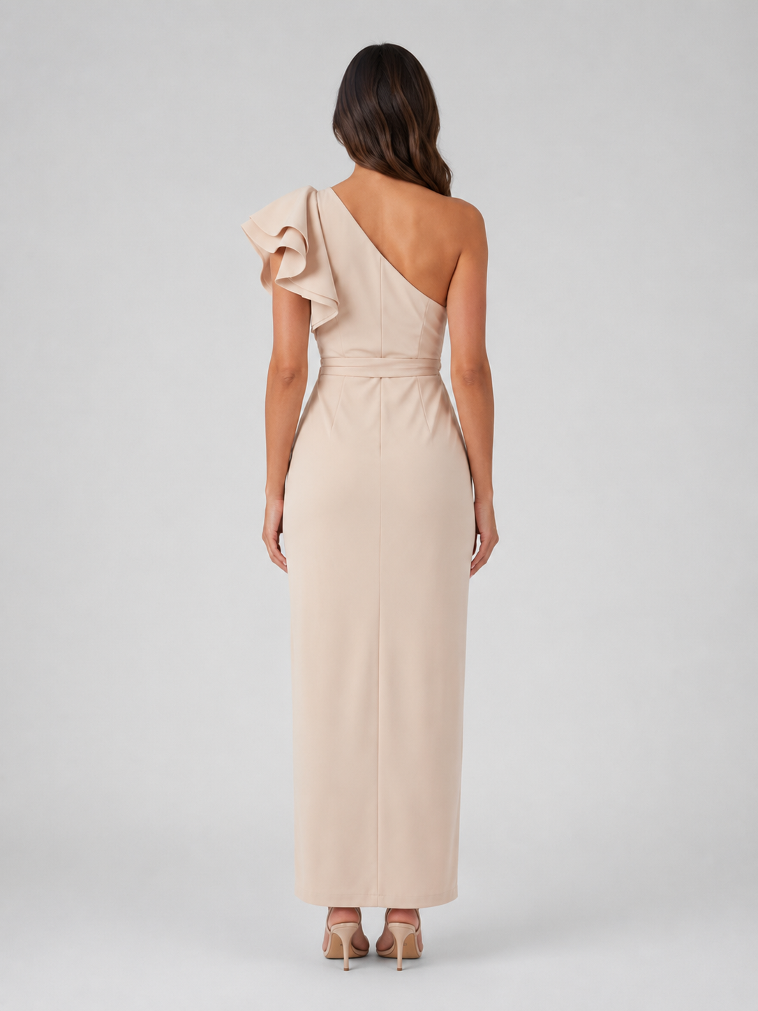 One-Shoulder Ruffle Midi Dress - Women's Fitted Dress