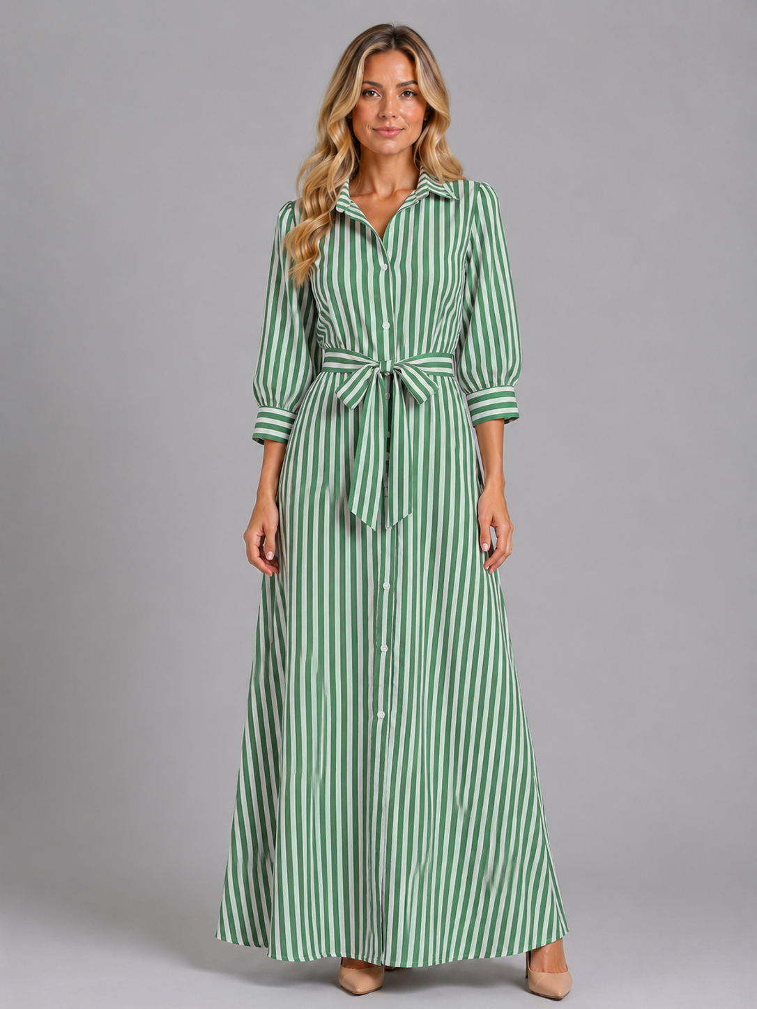 Striped Belted Shirt Maxi Dress - Women's Button Front