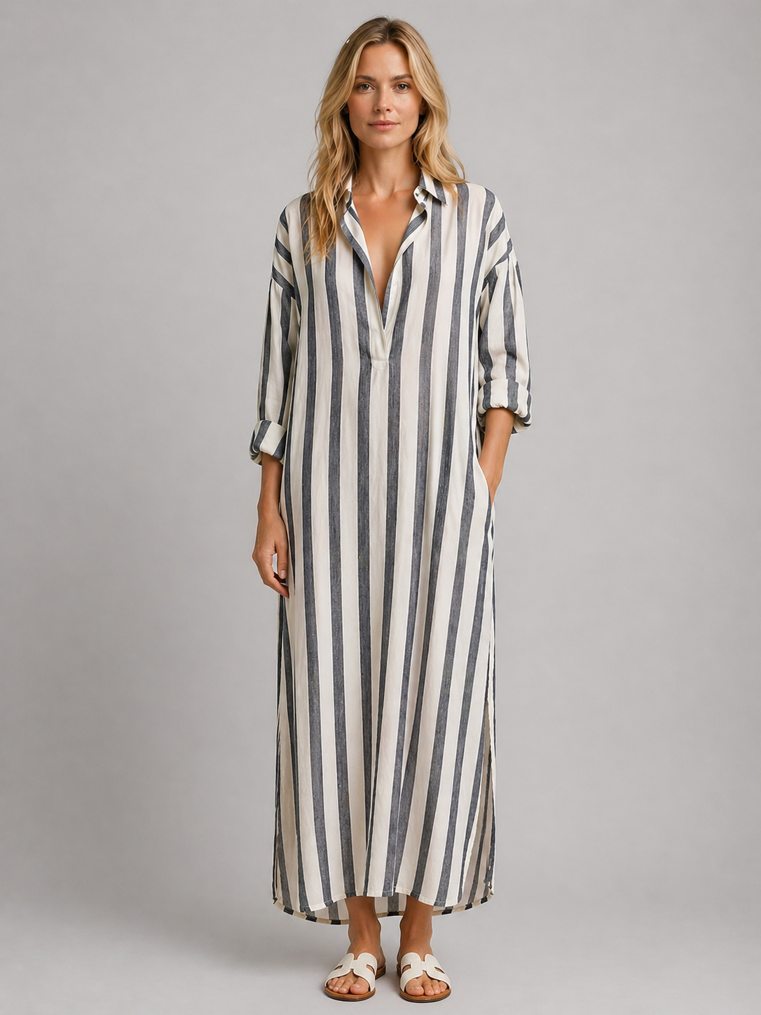 Striped Shirt Dress with Pockets - Long Women's Dress