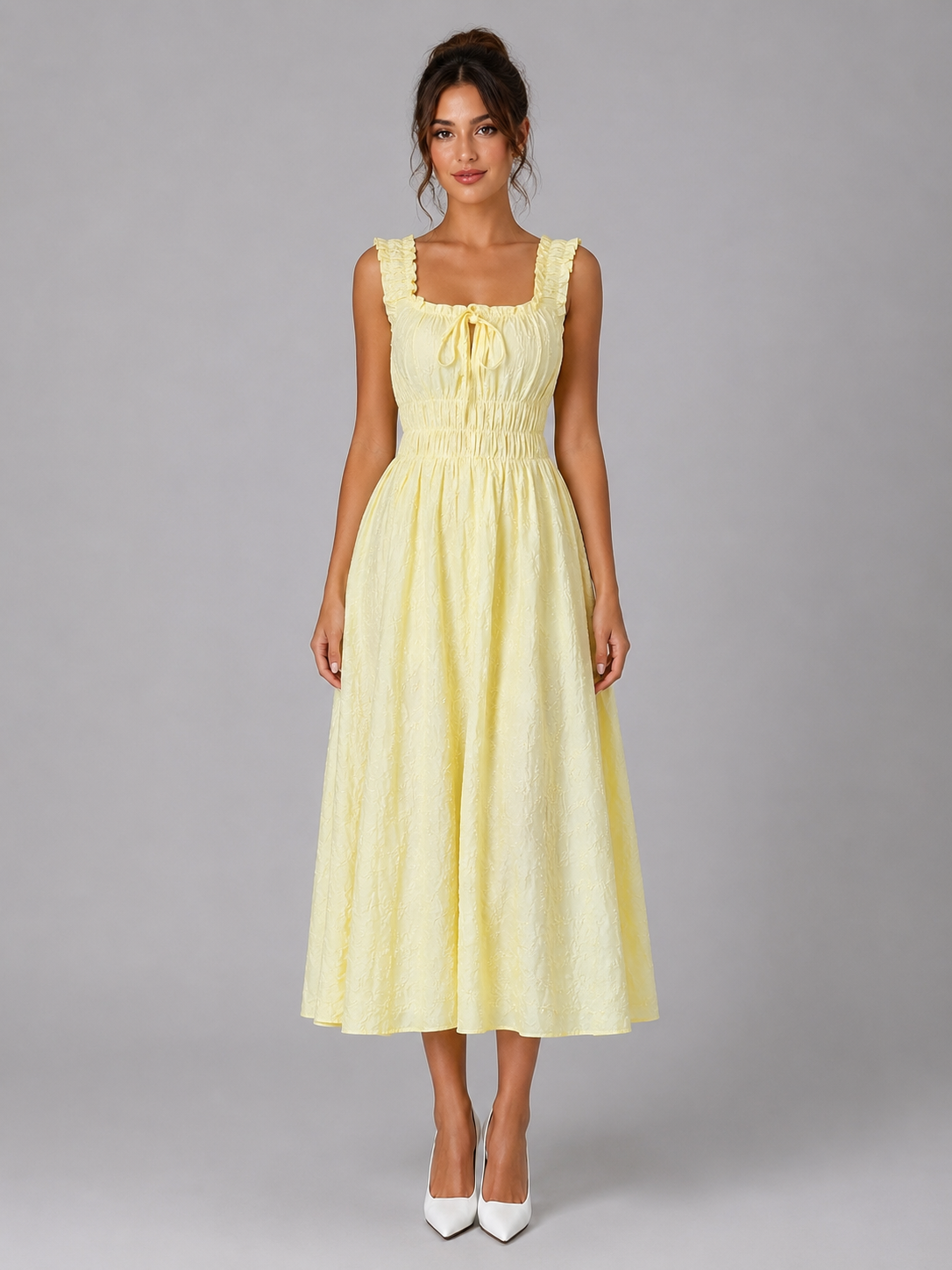 Textured Floral Midi Dress - Women's Shirred Waist Dress