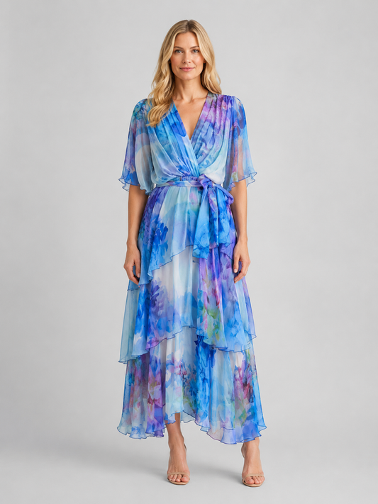 Tiered Chiffon Maxi Dress - Women's Wrap Neck Dress