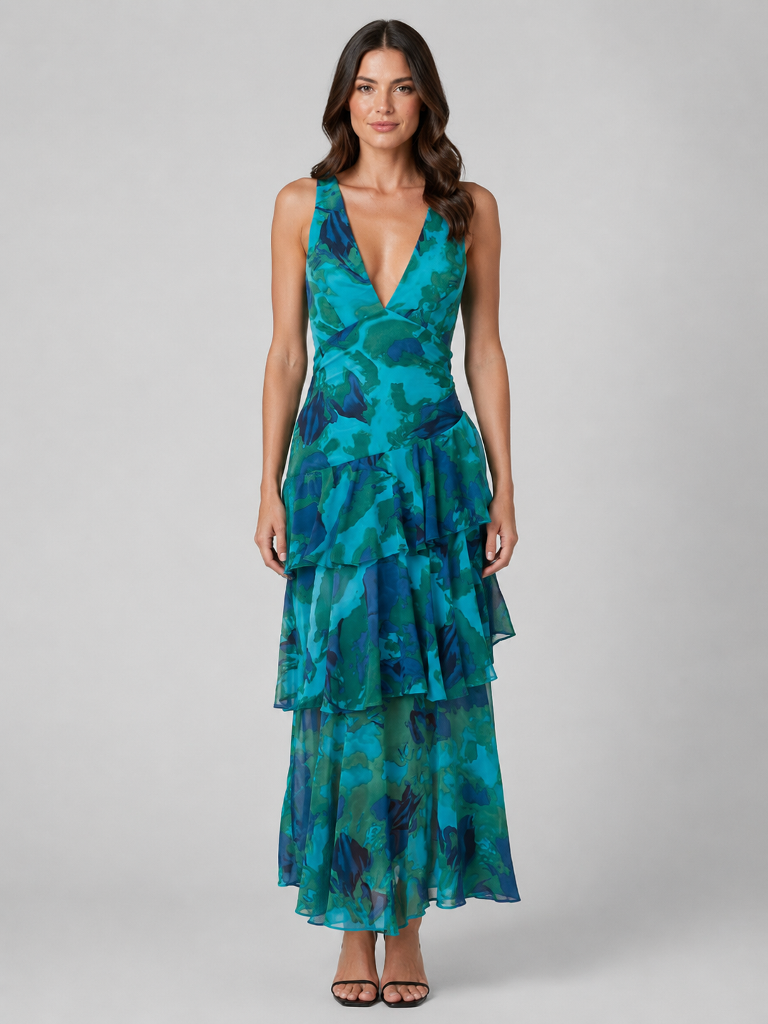Tiered Ruffle V-Neck Maxi Dress - Women's Flowing Dress