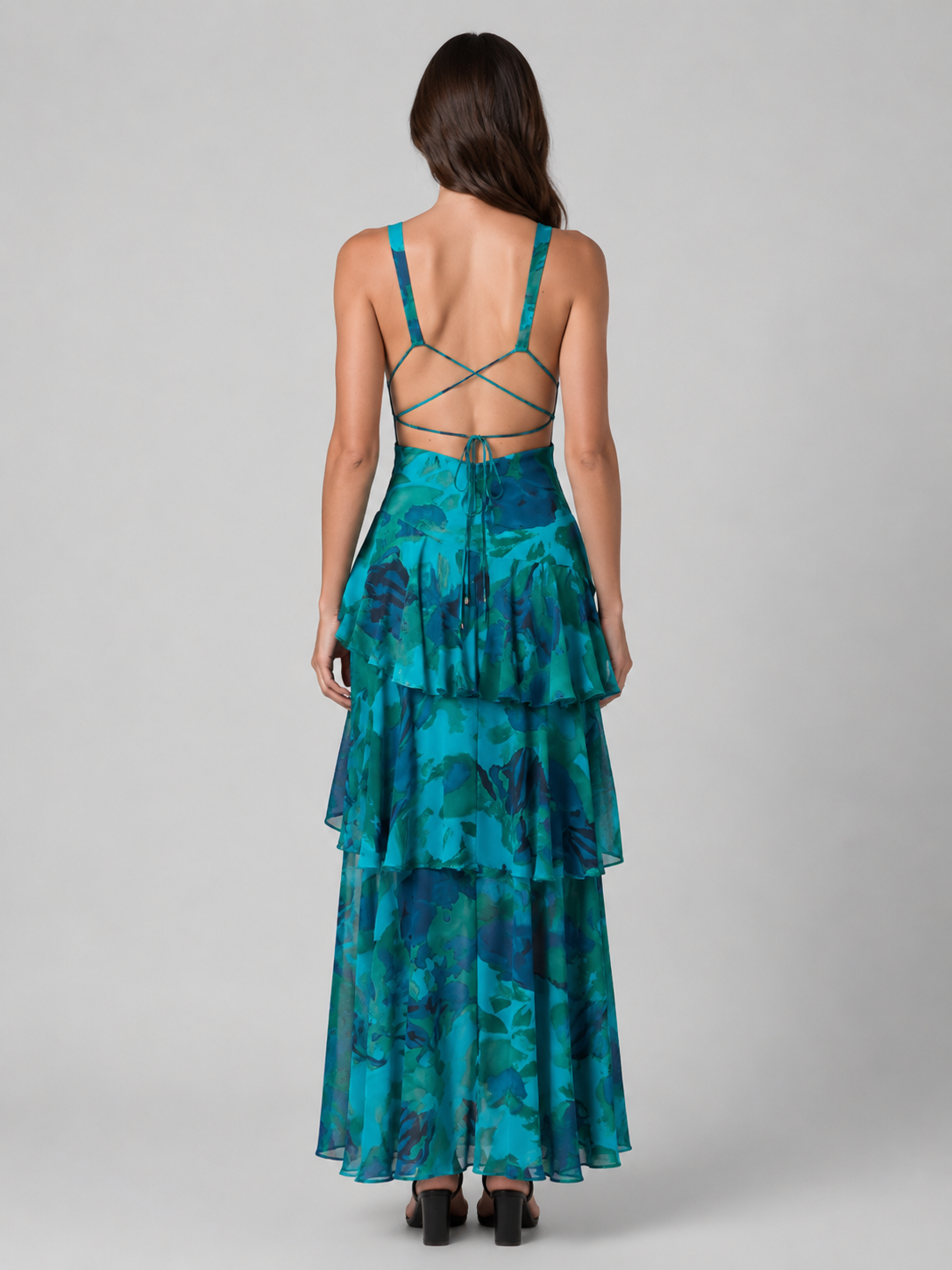 Tiered Ruffle V-Neck Maxi Dress - Women's Flowing Dress