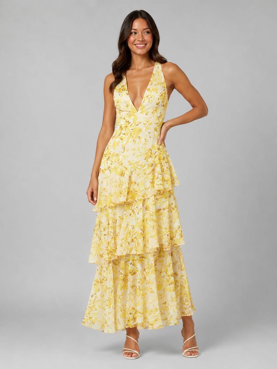 Tiered Ruffle V-Neck Maxi Dress - Women's Flowing Dress