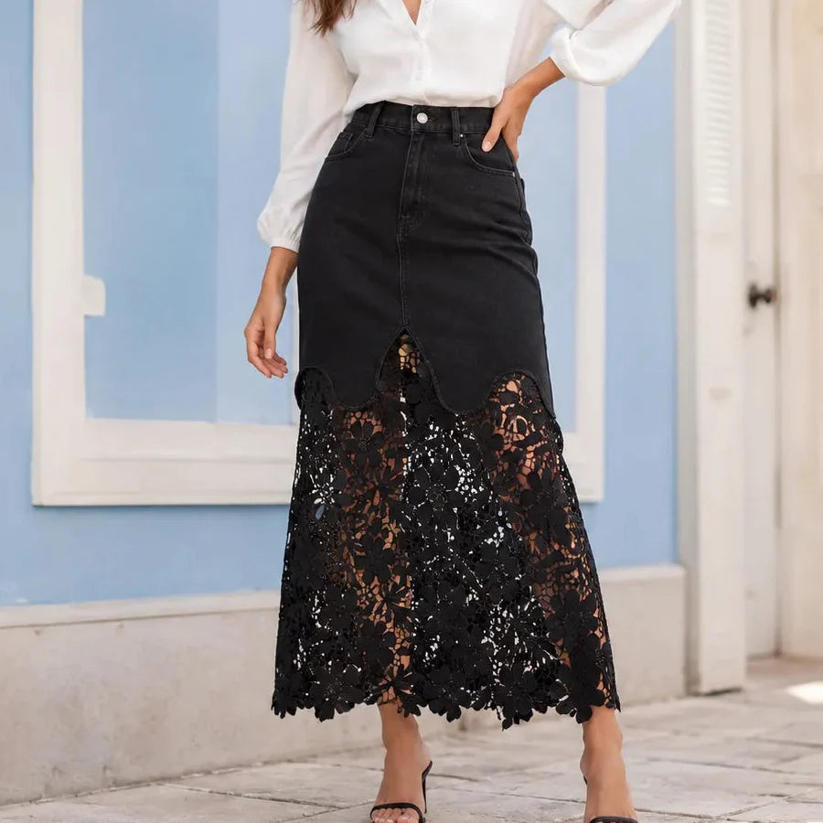 Florenza Lace Hem Skirt - Denim Women's Maxi Skirt