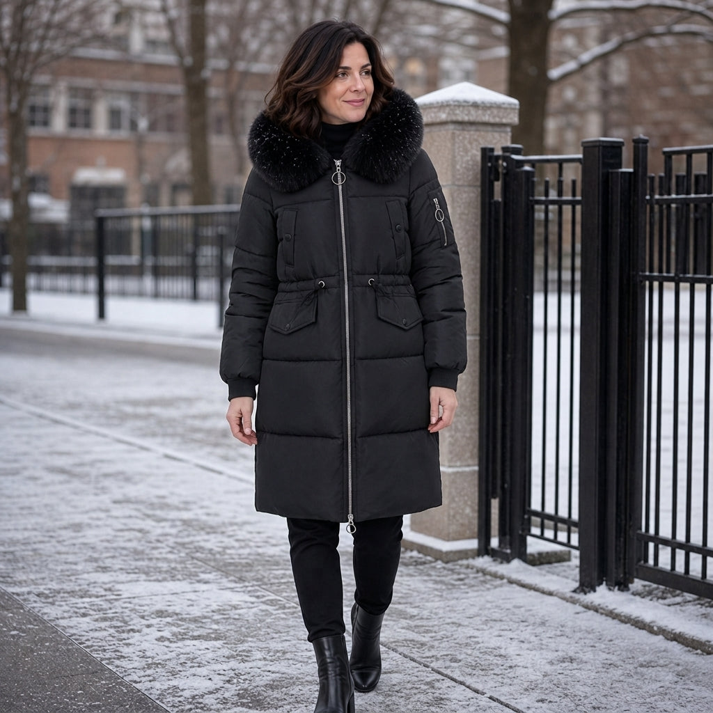 Veluna Padded Winter Coat - Plush Hood Trim Women's Coat