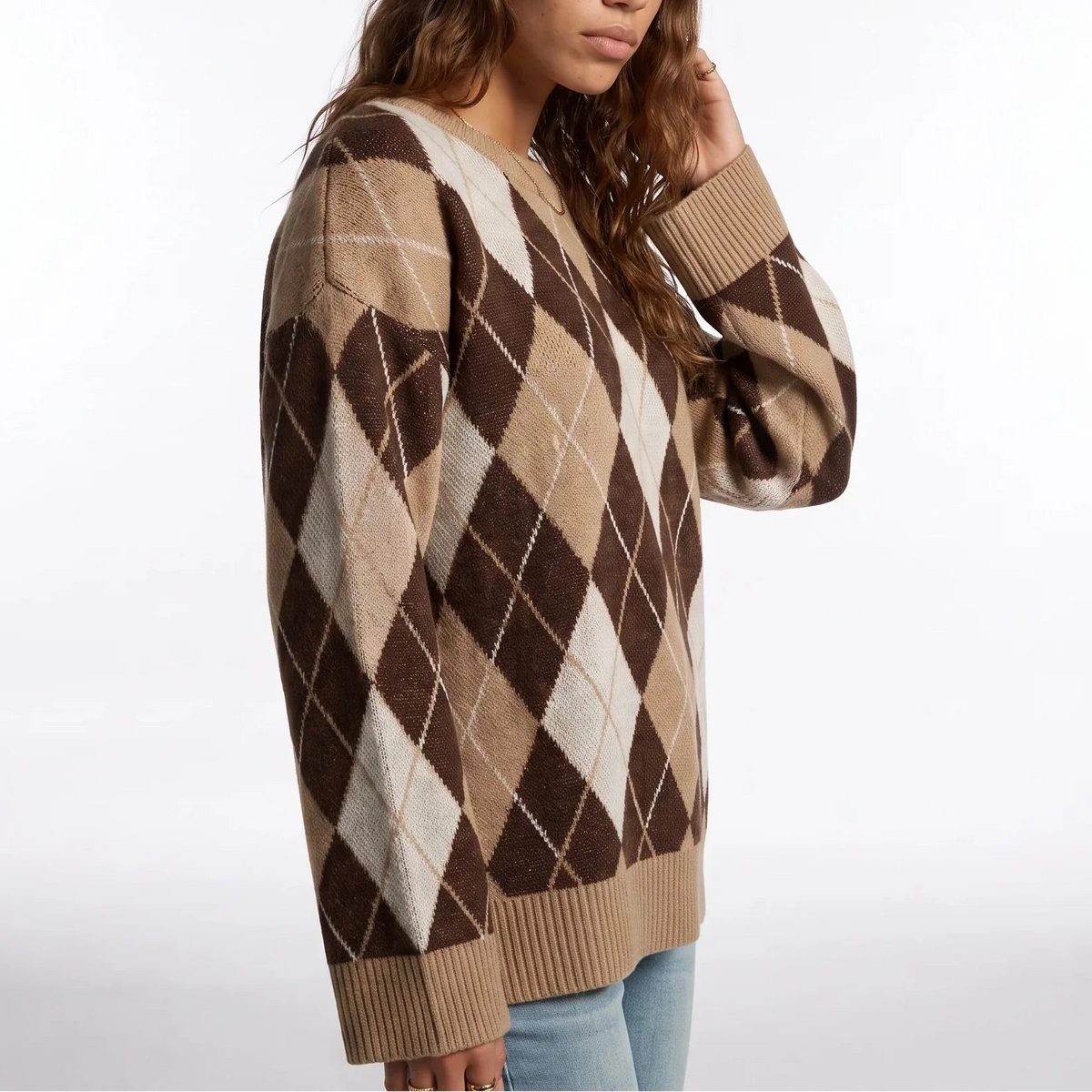Diamond Pattern Knit Jumper - Women's Round Neck Sweater