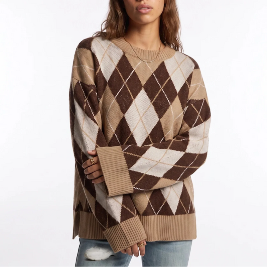 Diamond Pattern Knit Jumper - Women's Round Neck Sweater