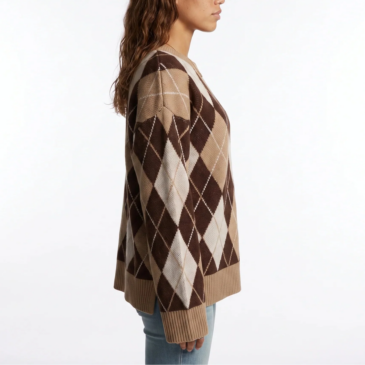 Diamond Pattern Knit Jumper - Women's Round Neck Sweater