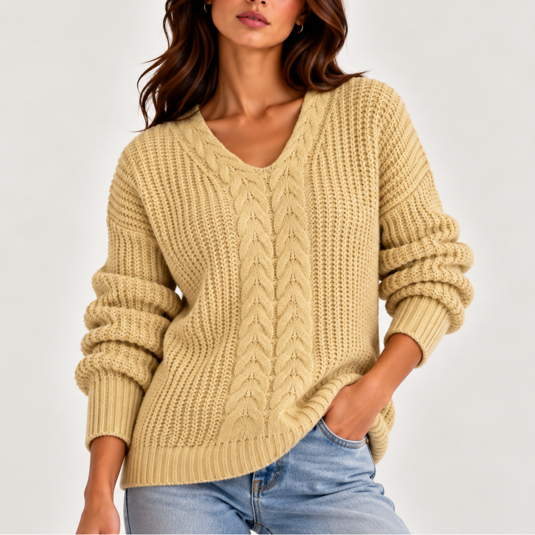 Cable Knit V-Neck Sweater - Women's Long Sleeve Jumper