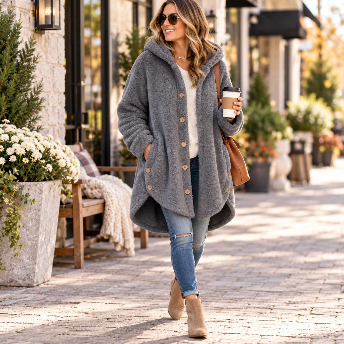 Veluna Hooded Fleece Coat - Asymmetric Button Women's Coat