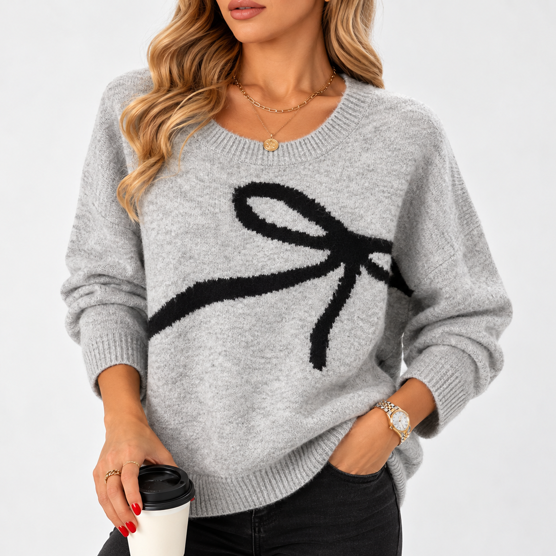 V-Neck Sweater - Oversized Women's Jumper with Bow Print