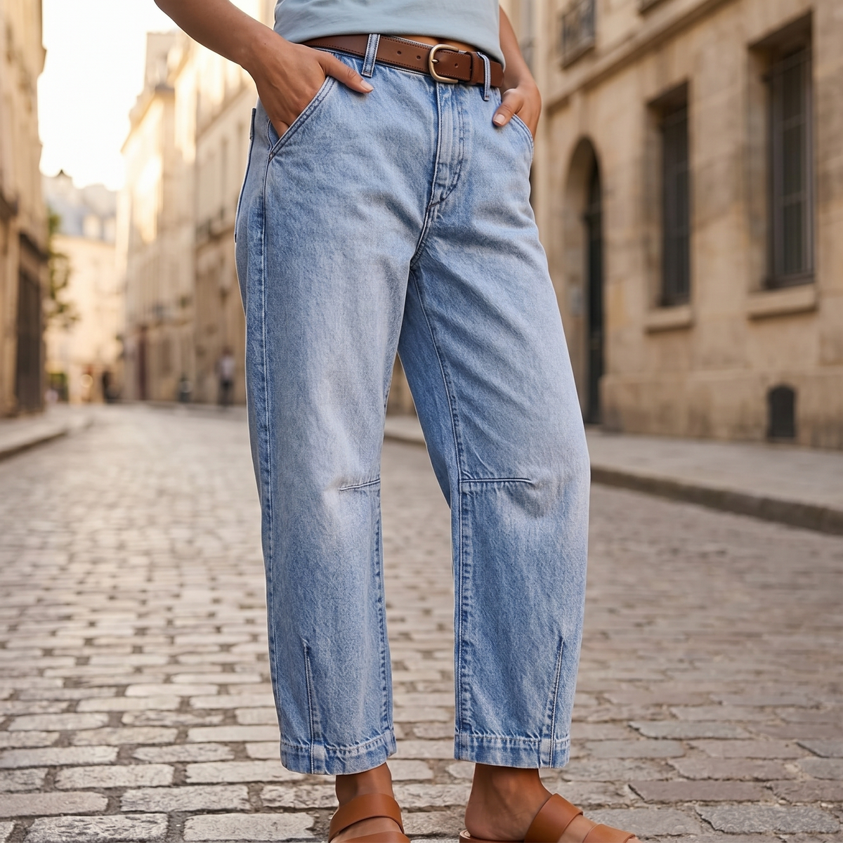 Veluna Barrel Leg Jeans - Women's High Waist Cropped Jeans