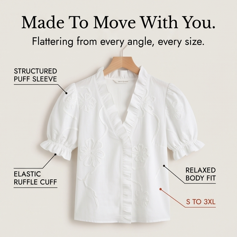 Belvera Ruffled V-Neck Blouse - Women's Puff Sleeve Top