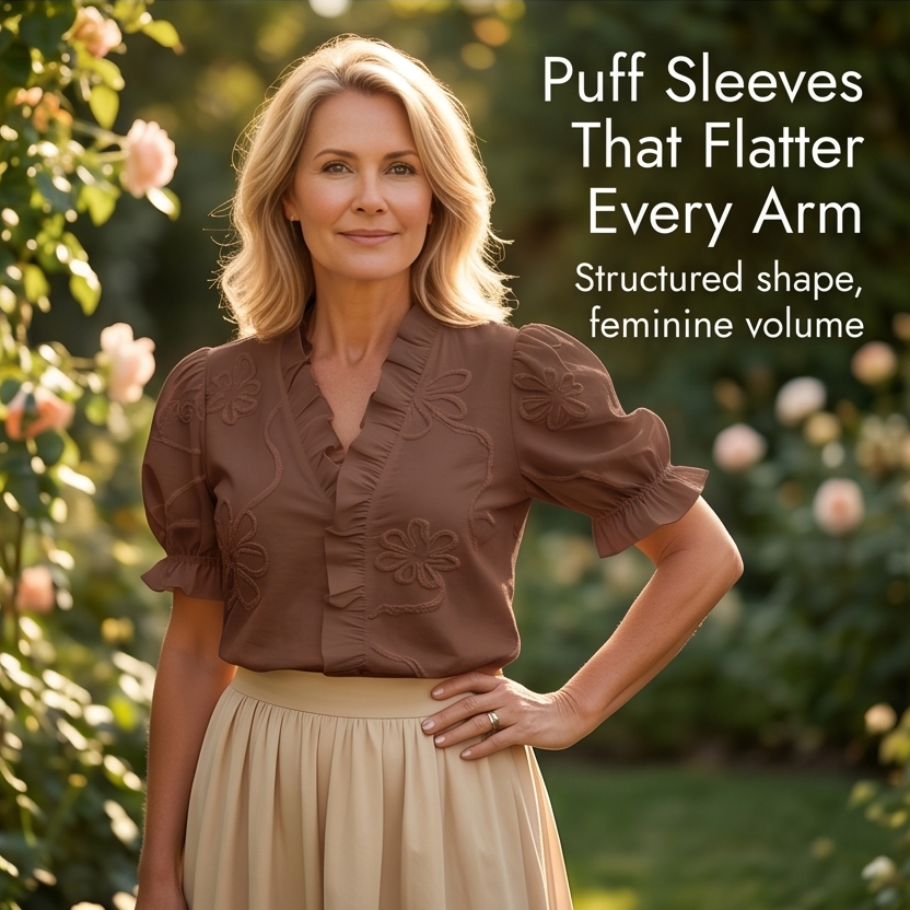 Belvera Ruffled V-Neck Blouse - Women's Puff Sleeve Top