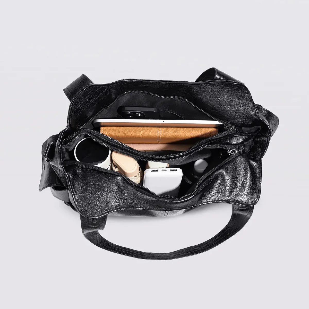 Everyday Tote - Black Vegan Leather Women's Shoulder Bag