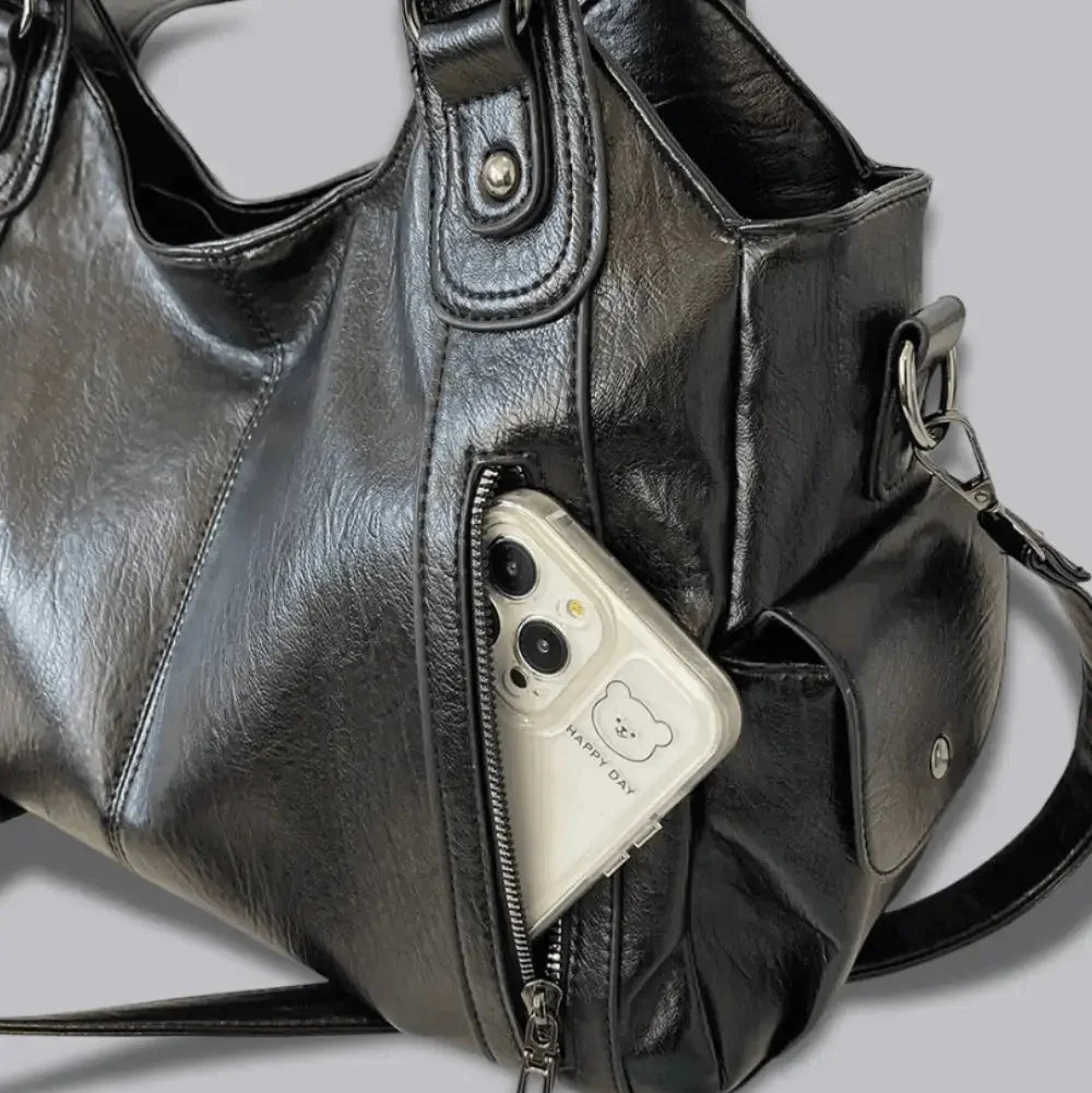 Everyday Tote - Black Vegan Leather Women's Shoulder Bag