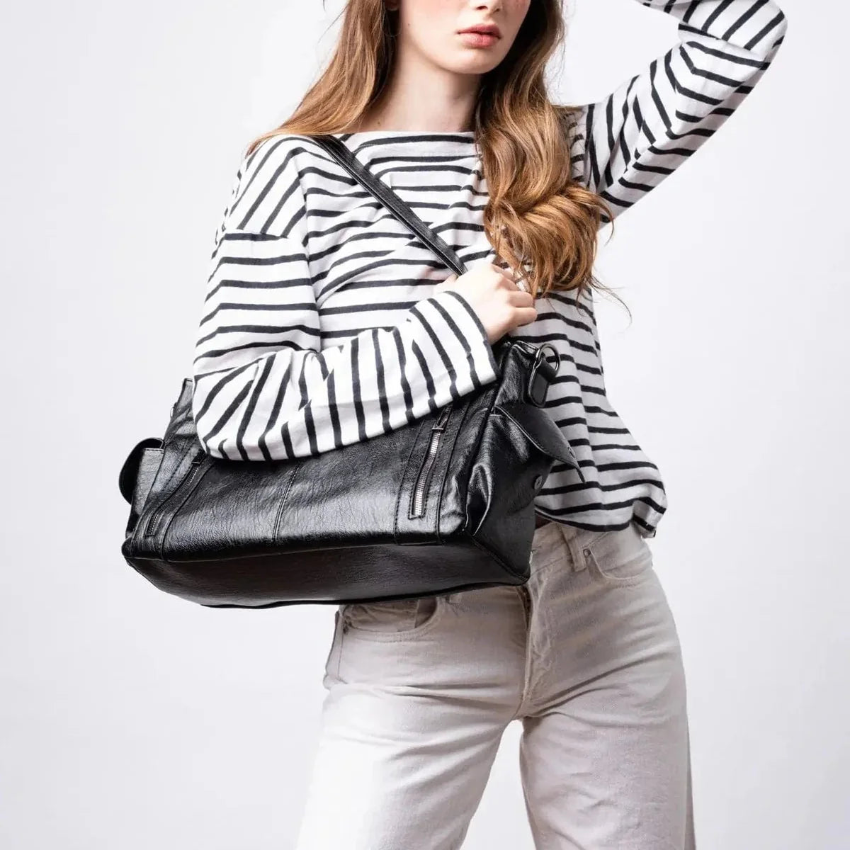 Everyday Tote - Black Vegan Leather Women's Shoulder Bag