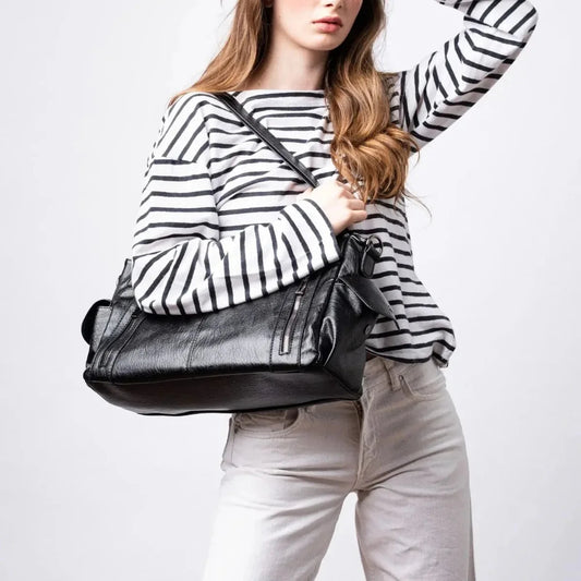 Everyday Tote - Black Vegan Leather Women's Shoulder Bag