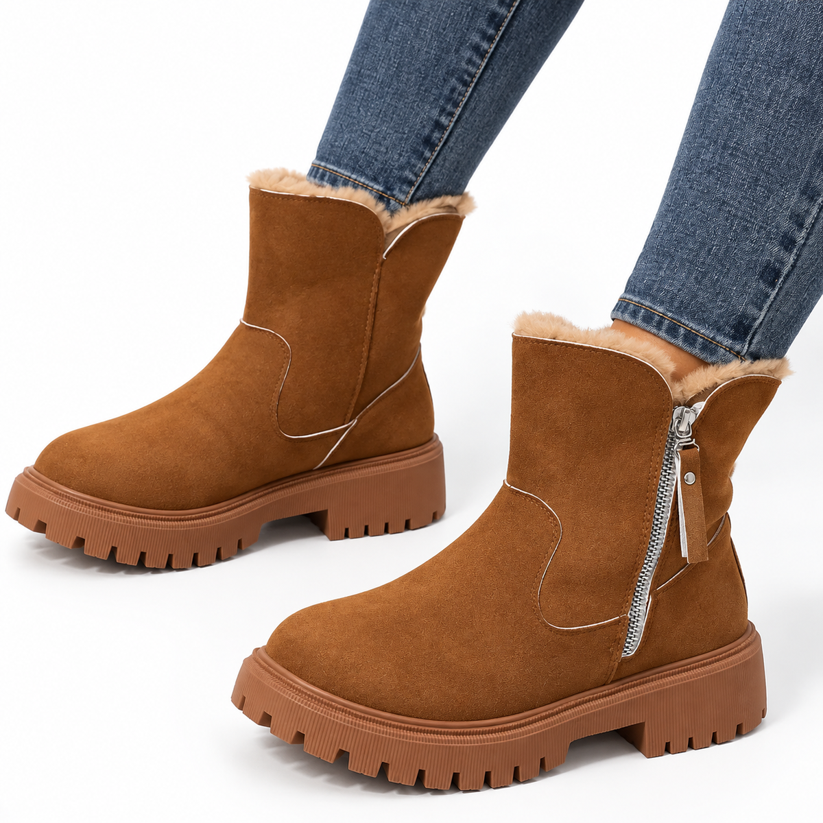 Suede Winter Ankle Boots - Women's Fur Lined Side Zip Boots