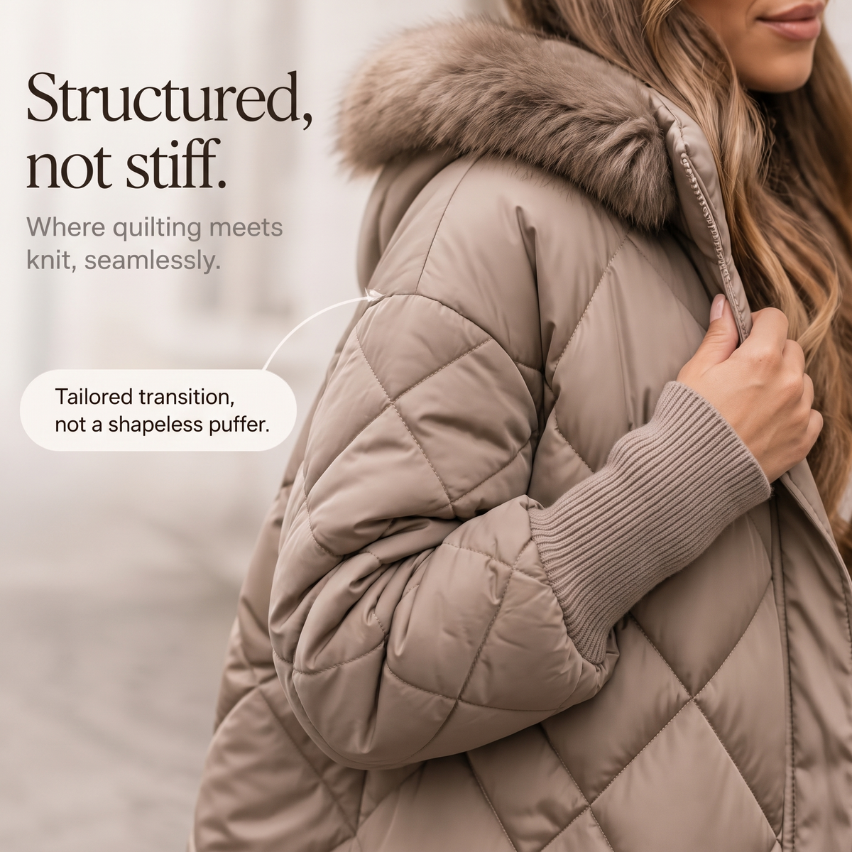Wovella Faux Fur Hood Quilted Parka - Women's Knit Sleeve