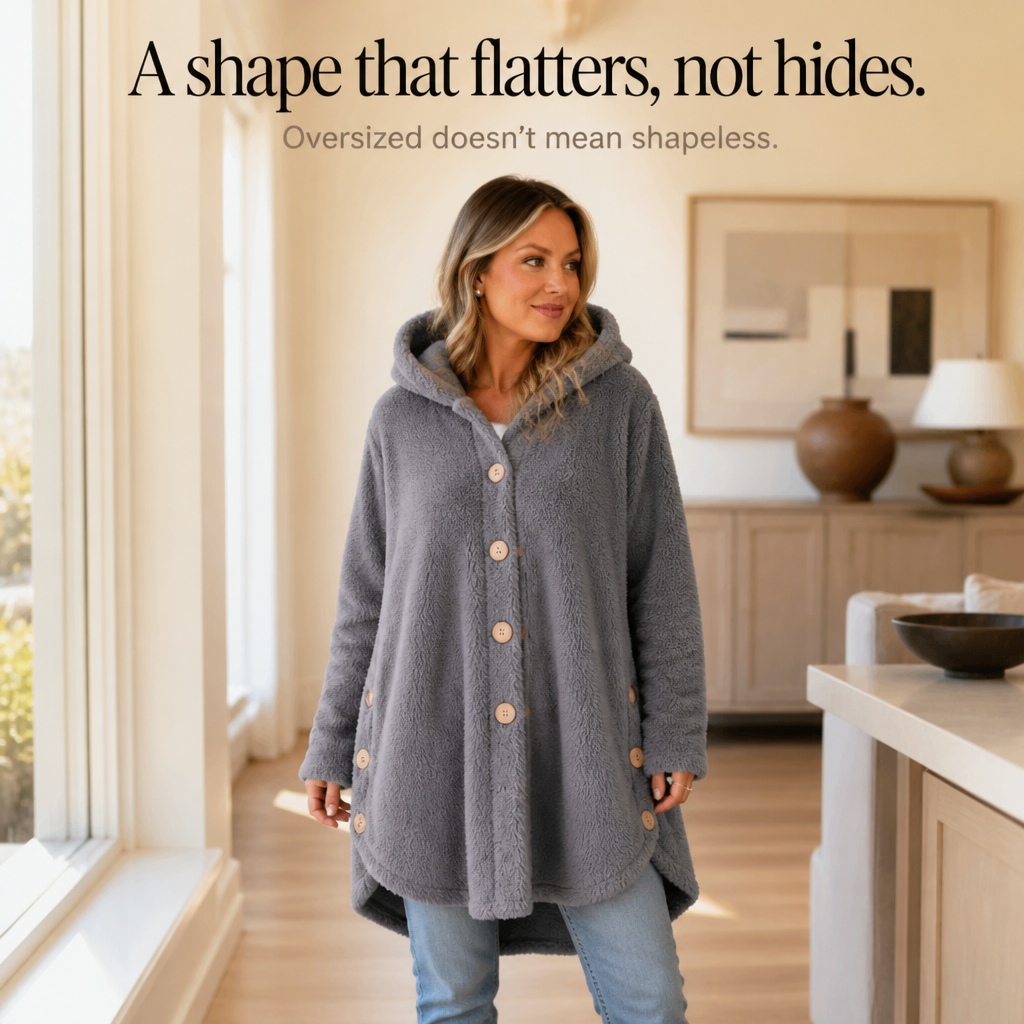 Veluna Hooded Fleece Coat - Asymmetric Button Women's Coat
