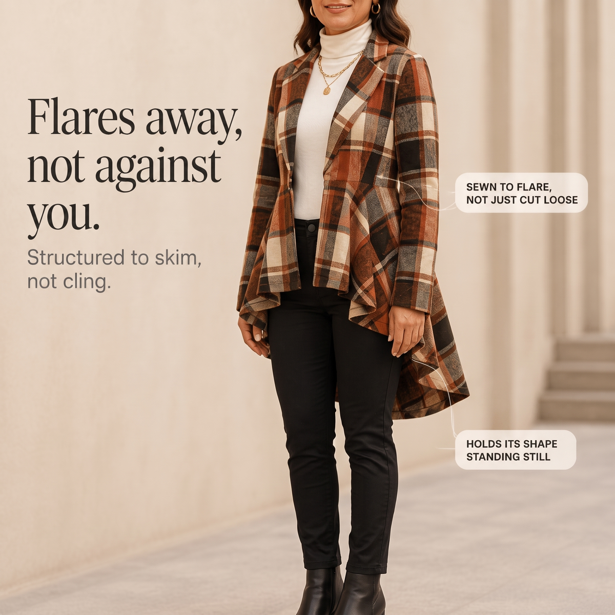 Cinchella Plaid Peplum Coat - Women's High Low Waist Coat