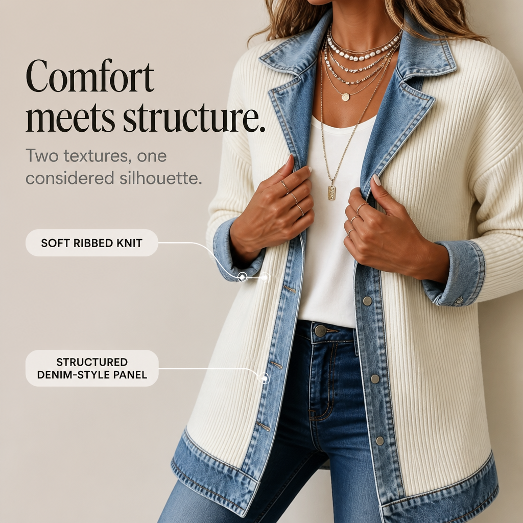Ribova Ribbed Knit Coat - Women's Denim Panel Long Cardigan