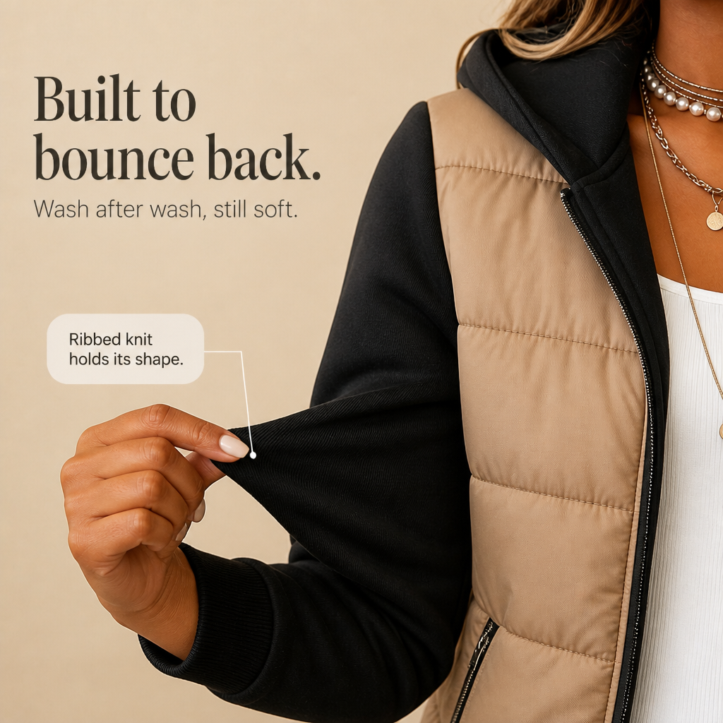 Coeza Quilted Puffer Jacket - Women's Knit Sleeve Hoodie