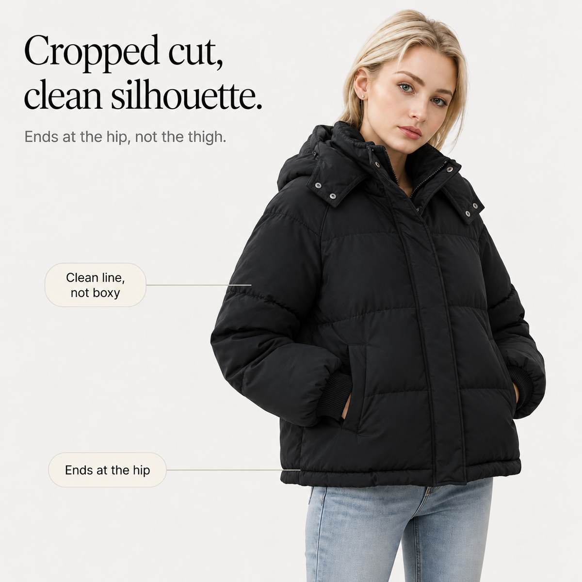 Veluna Cropped Puffer Jacket - Hooded Women's Short Coat