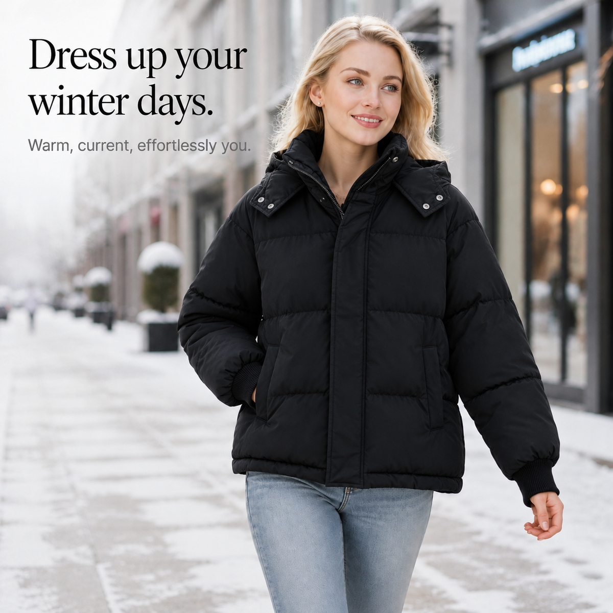 Veluna Cropped Puffer Jacket - Hooded Women's Short Coat