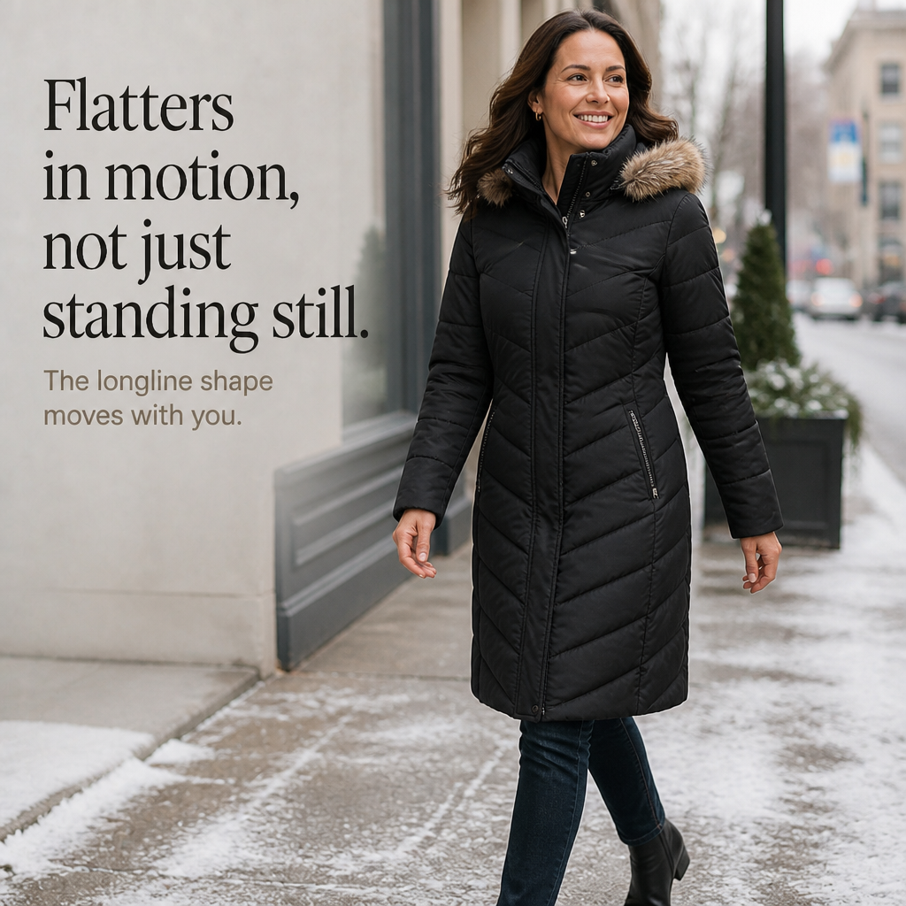 Chevronwarm Longline Puffer Coat - Women's Faux Fur Hood