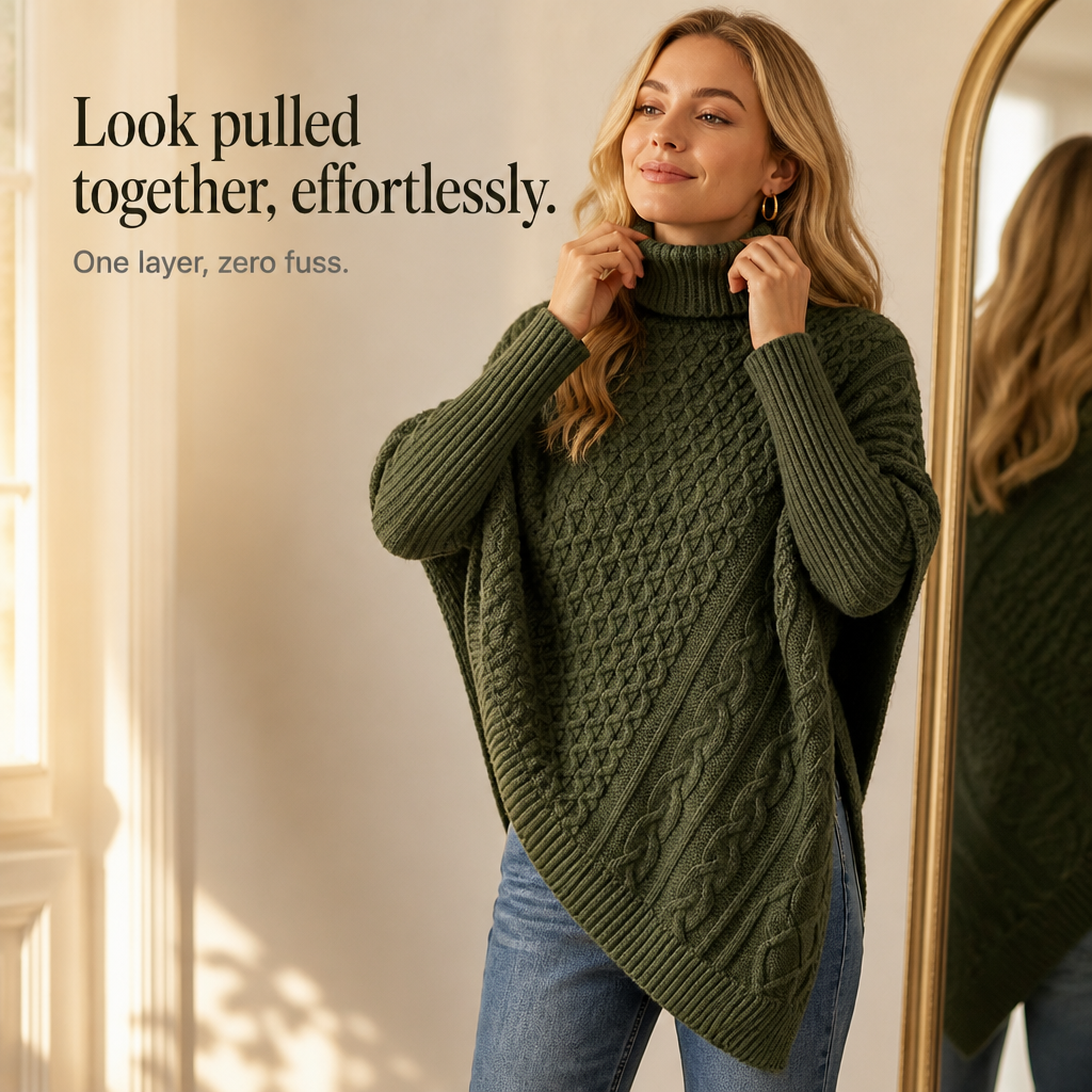 Cable & Cove Poncho Jumper - Women's Cable Knit Roll Neck