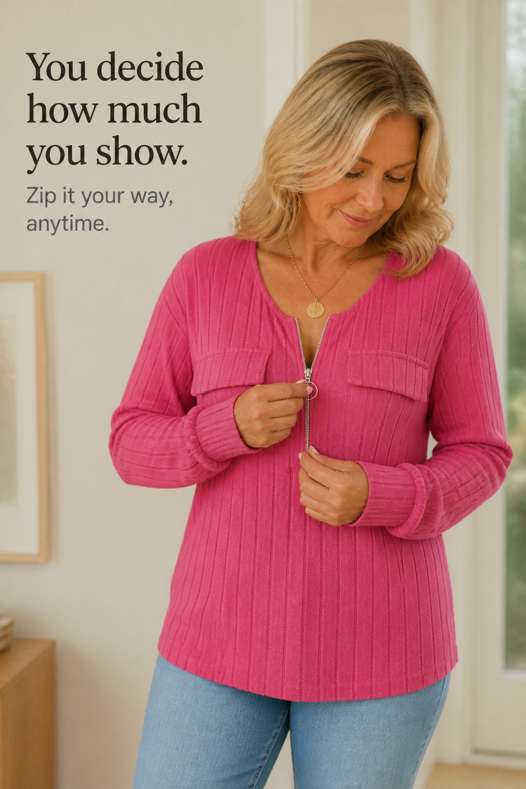 Veloura Zip-Neck Knit Top - Women's Ribbed Jumper