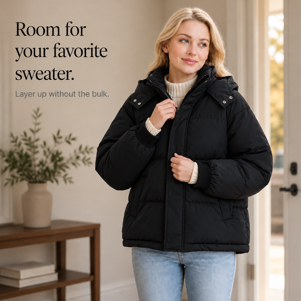 Veluna Cropped Puffer Jacket - Hooded Women's Short Coat